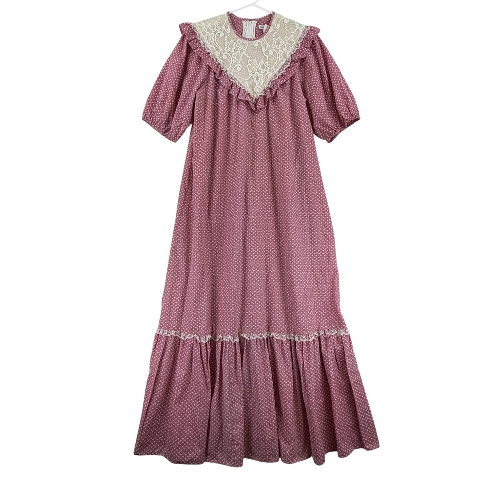 Vintage Liberty House Dress Womens Large Pink Floral Lace Maxi Prairie Ruffle